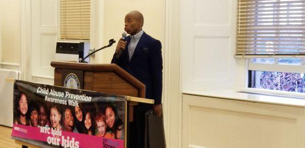 Brooklyn Borough President Eric Adams giving a speech after the Bridge Walk for Child Abuse Prevention