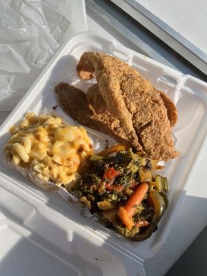 Fried Whiting fish, Mac and veggie stir-fry