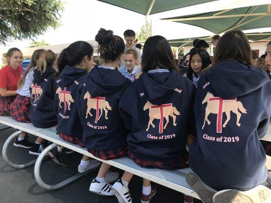 8th Graders Class of 2019 wearing their special sweatshirts.