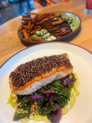 The Grilled Flat Iron Steak and the Seared Atlantic Salmon. Both amazing!!