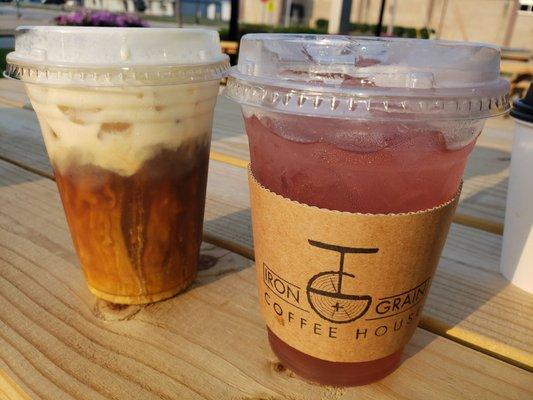 Cold brew with Almond sweet cream and hibiscus tea lemonade.