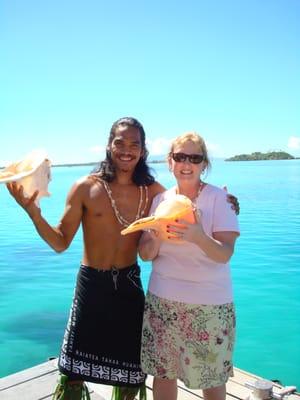 Conch shell welcome in Bora Bora