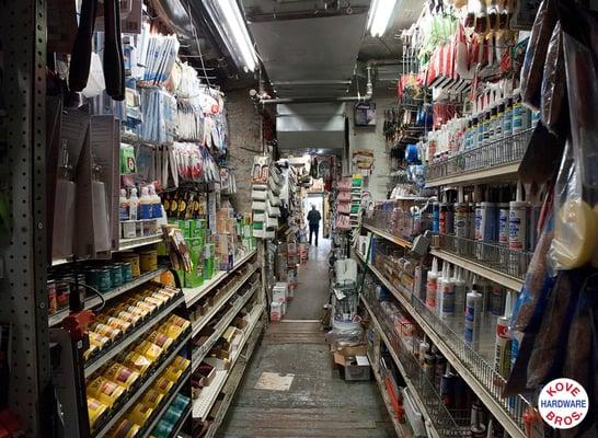 Looking down the main aisle to the front door. Kove Brothers Hardware, NYC.