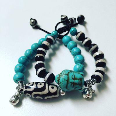 Custom made macrame black n white agate turquoise Buddha n turquoise beads with black n white Tibet