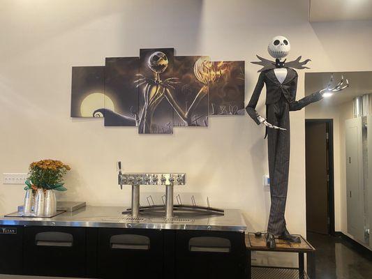 Dope jack skeleton decor for Halloween, plus their bar and wine area (fyi, they said beer and wine will be available jan 2022)