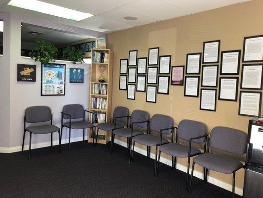 Waiting room with patient testimonials, books and brochures