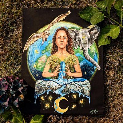 Essence portrait of client Lizzy, surrounded by her spirit animals and power elements.