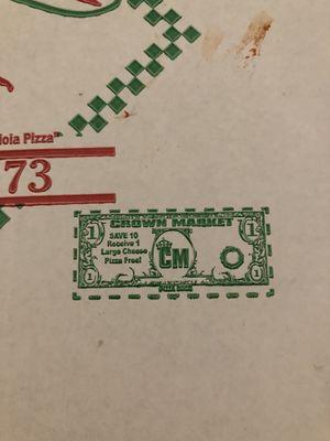 Each pizza box comes with a dollar off coupon.