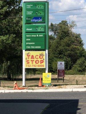 Signage for the Taco Stop.