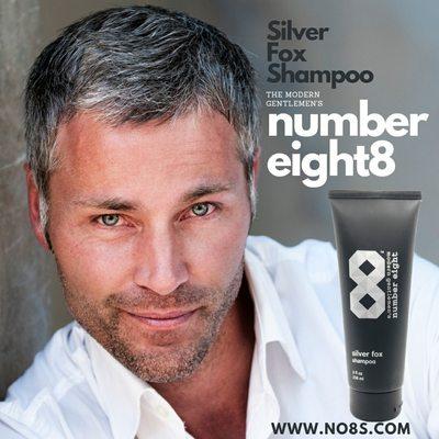 Silver Fox Shampoo by numbereight8 
Shampoo for silver or salt&pepper hair to help prevent dullness and yellowish.
www.no8s.com