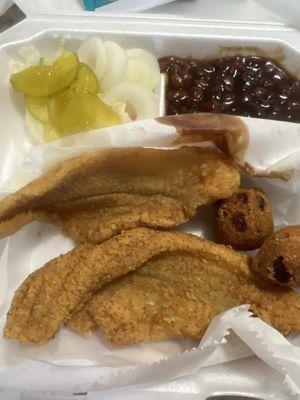 2 pc catfish with Cole slaw, pickles, onions, baked beans, hush puppies