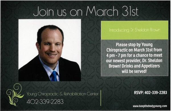 Don't forget to stop by on Thursday for drinks, appetizers and a chance to meet Dr. Brown and his family!