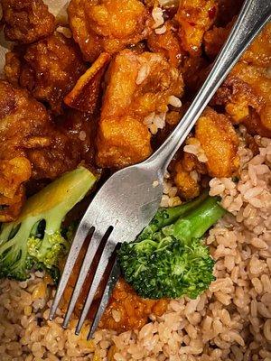 Orange chicken & brown rice, $9 + tip