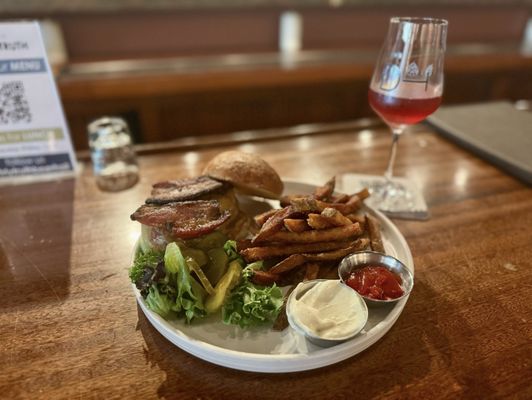 "Burger" (Poplar Hill Farm ground beef, caramelized onions, cheddar cheese, lettuce, sweet pickle, house brioche bun) with "Handcut Fries".