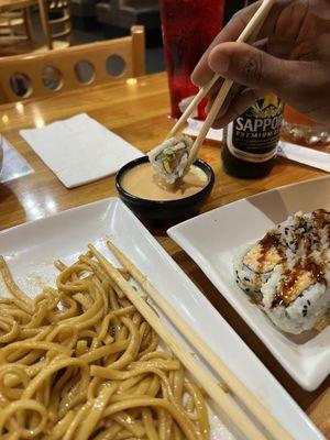 Noodles Side and Spicy Crab Meat Roll