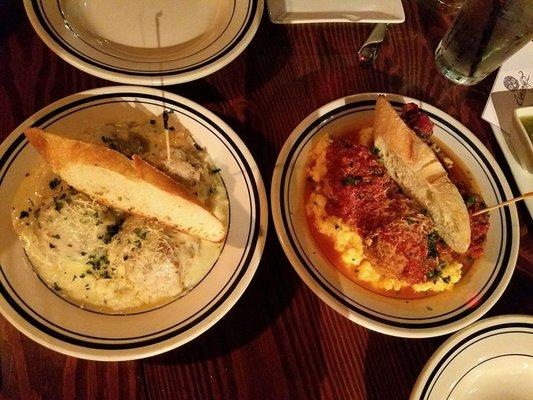 Left: chicken meatballs, parmesan sauce, risotto: right: spicy pork meatballs, meat sauce, polenta.