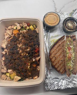 Chicken Black Bean Sweet Potato Veggie Brown Rice Meal With Side Of Avocado Toast With Feta And Tomato