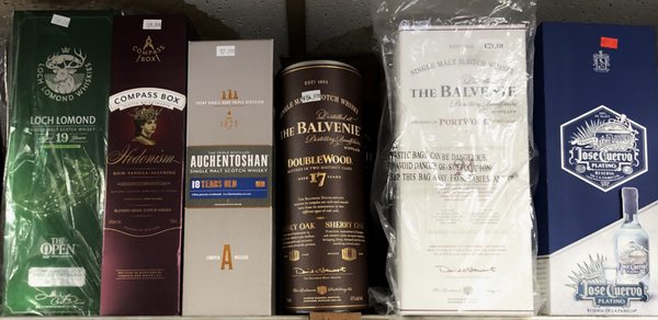 Loch Lomond 19 yr /$129.99
 Compass Box Hedonism/$109.99
 Auchentoshan 18 yr/$127.99
 Balvenie 17 yr/$154.99
 Balvenie 24 yr/$229.99