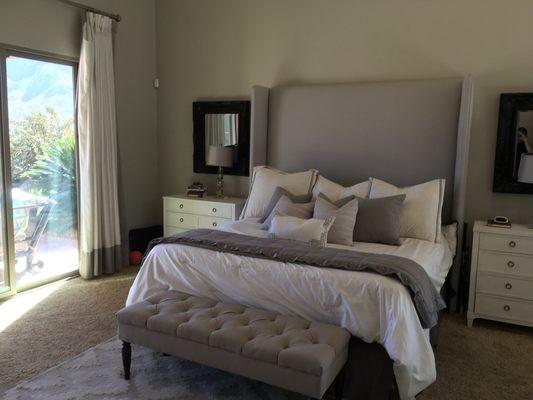 Tall contemporary headboard - Bedspread -pillows- & Drapes