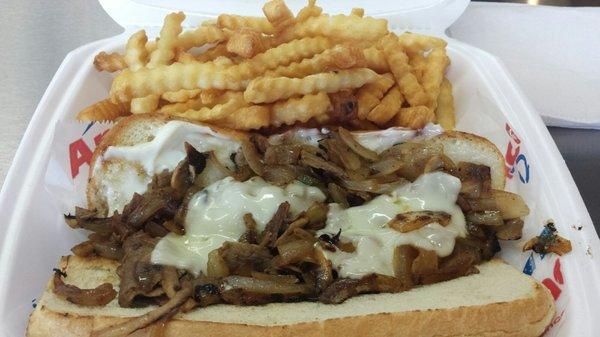 Philly Cheesesteak  (beef) combo (minus green peppers) with extra crispy fries