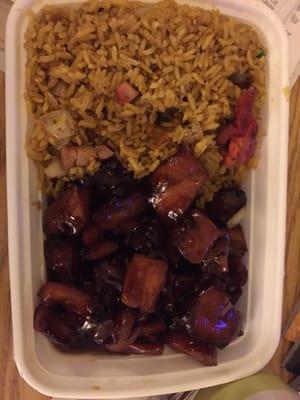 Bourbon Chicken with pork fried rice and egg roll! Yummy!