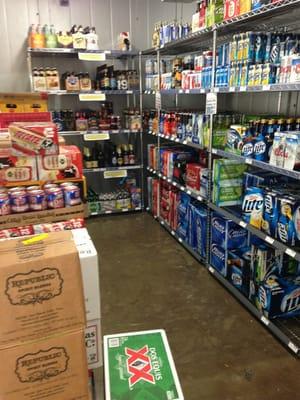 Half of the walk-in beer cooler.