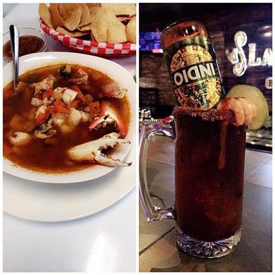 Caldo de Mariscos and Clamato Traidicional with Indio