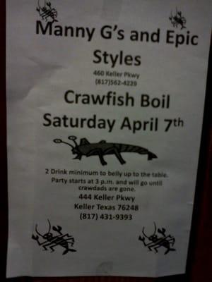 Crawfish boil this Saturday.