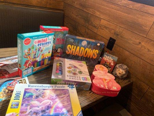 Puzzles, stuffies, games, strategy, arts and crafts