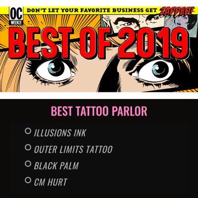 We were nominated by the OC Weekly as Best Tattoo Parlor for 2019!!