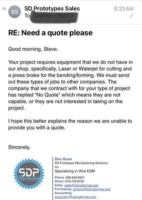 Response from SD prototype refusing my job