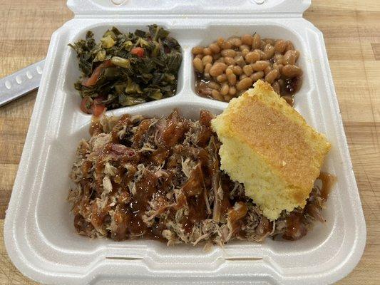 Pulled pork dinner with beans, greens and corn bread.   (Yes. I'm gonna eat my corn bread.)