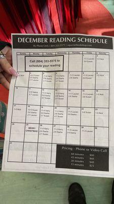 A psychic reading schedule