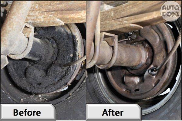 Before & After dry ice blasting the undercarriage of a vintage vehicle.