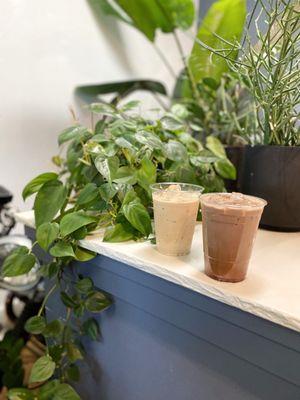 Left: Large iced peppermint cubano latte; Right: Large iced mocha latte