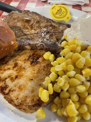 Grilled Pork Chops, Mashed Potato's and gravy, Corn