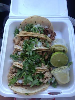 Barbacoa and pollo tacos! $1.25 each with corn tortillas. Delicious!