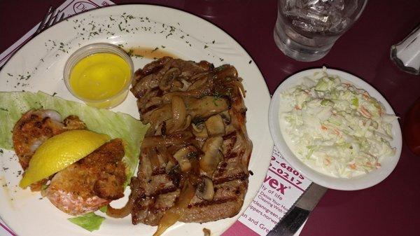 New York Strip and stuffed shrimp special with a double side of coleslaw instead of the potato options.