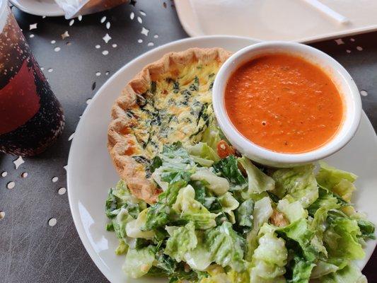 Quiche, tomato soup and ceasar salad