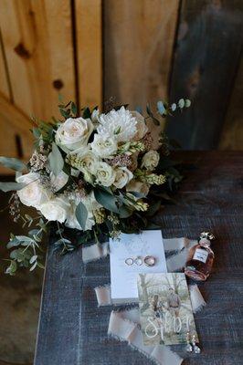 Detail photos -- bouquet, invitation suite, rings, perfume