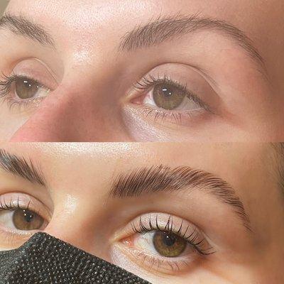 Eyebrow lamination and eyelash lift with tint