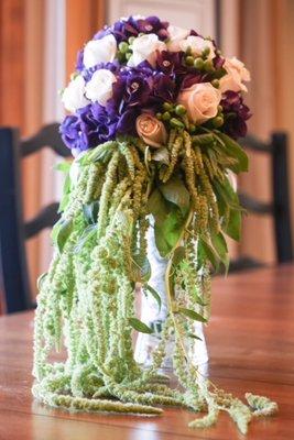 My beautiful wedding bouquet with white roses, purple hydrangeas and amaranthus on 1-7-17 thanks to Lupita!!