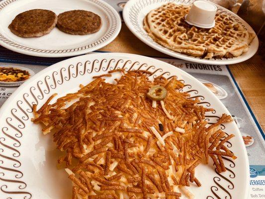 Waffles (with pecans, of course), hash browns (peppered, obviously) and sausage. Yeah!