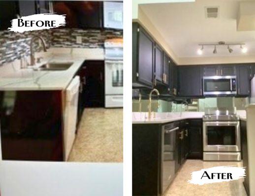 Changed backsplash into mirrors to create space as well as appliances to give it a modern look.