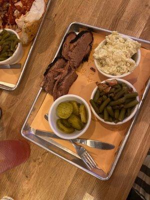 Brisket, potato salad, green beans and a side of pickles