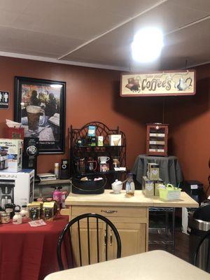 Place to doctor up your coffee or buy something for home.