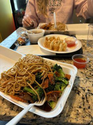 Broccoli Beef, cheese puffs (Crab Rangoon's) and and orange chicken