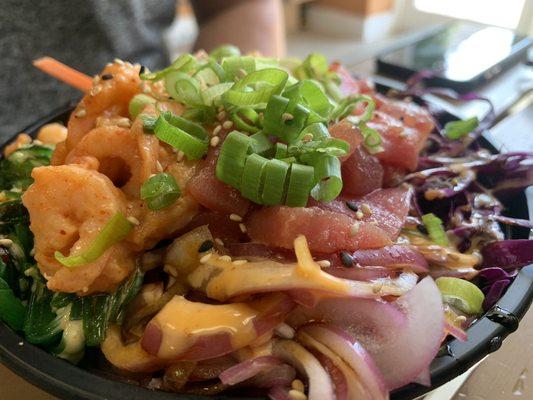 Spicy shrimp and spicy tuna build your own poke bowl