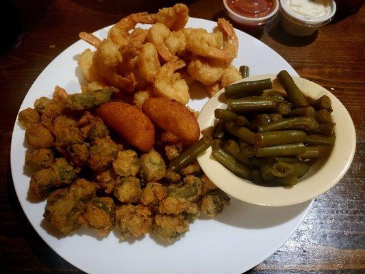 Fried shrimp,  okra, green beans,  and hush puppies