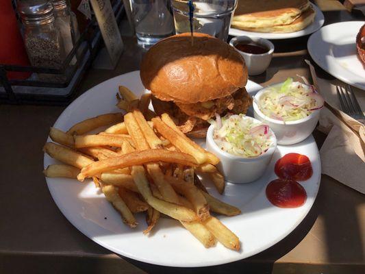 Fried chicken sandwich, coleslaw on the side